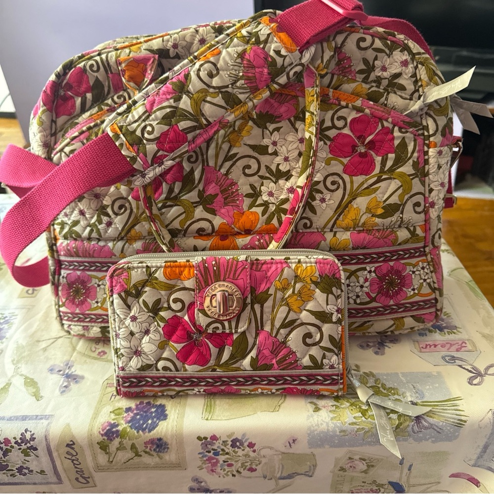 Vera Bradley Pink and Green Floral Travel Bag Set